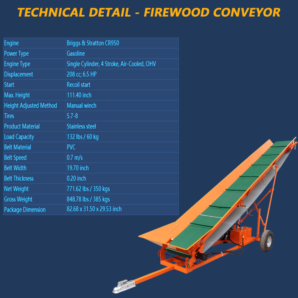 Firewood Conveyor 6.5HP 208cc Gasoline Powered 19.7" Width PVC Belt Wood Conveyor Lifter Elevator with B&S Engine
