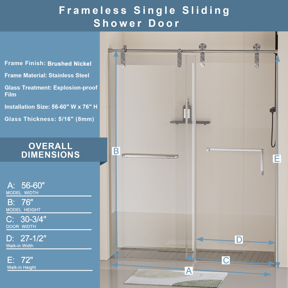 56-60 in. W x 76 in. H Frameless Shower Door, Single Sliding 5/16" (8mm) Clear Tempered Glass Shower Door with Explosion-Proof Film, Stainless Steel Hardware, Brushed Nickel 24D210-60BN-COMBO