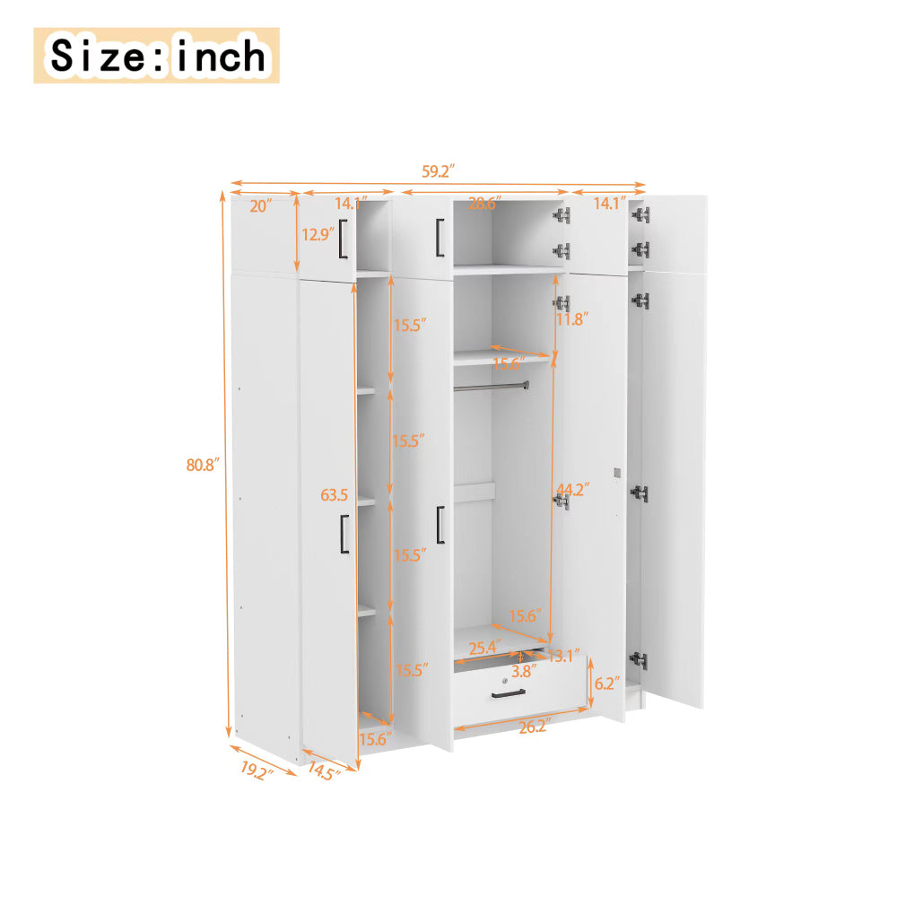 4-Door Wardrobe with 1 Drawer and Top Cabinet , White