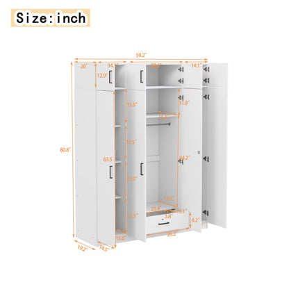 4-Door Wardrobe with 1 Drawer and Top Cabinet , White