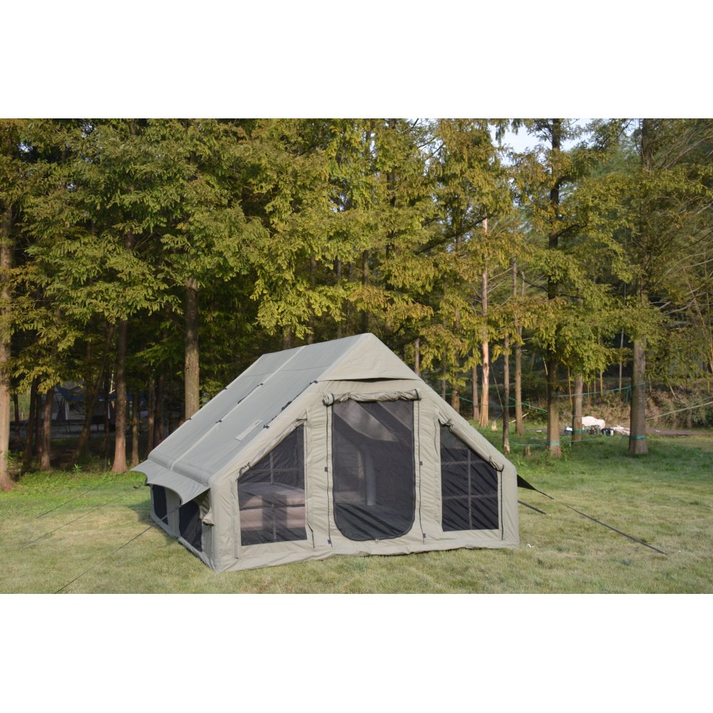 9.8 x13ft  Inflatable Camping Tents with Hand Pump, Air Glamping Tents, Easy Setup Waterproof and Windproof Blow up Tent, 4 Seasons Oxford Cabin Tent with Mesh & Chimney Window. Army green