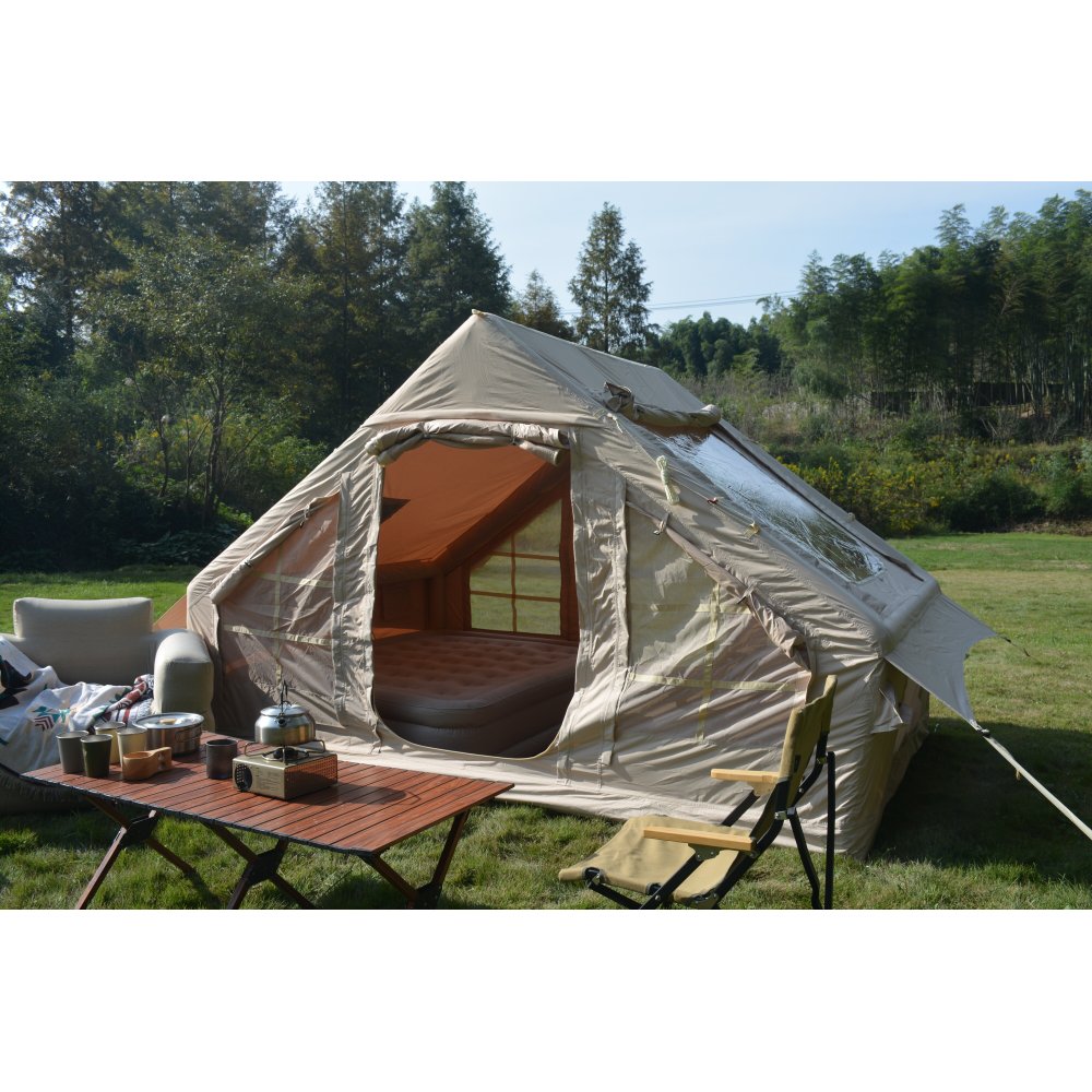 Inflatable Camping Tent Easy Setup 4 Season Glamping Tent with High Performance Inflatable Structure 4-6 Persons Waterproof Windproof Outdoor Self-Supporting Blow up Tent Air Tent Portable House Beige