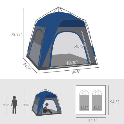 Outsunny Camping Tents 4 Person Pop Up Tent Quick Setup Automatic Hydraulic Family Travel Tent w/ Windows, Doors Carry Bag Included, Blue