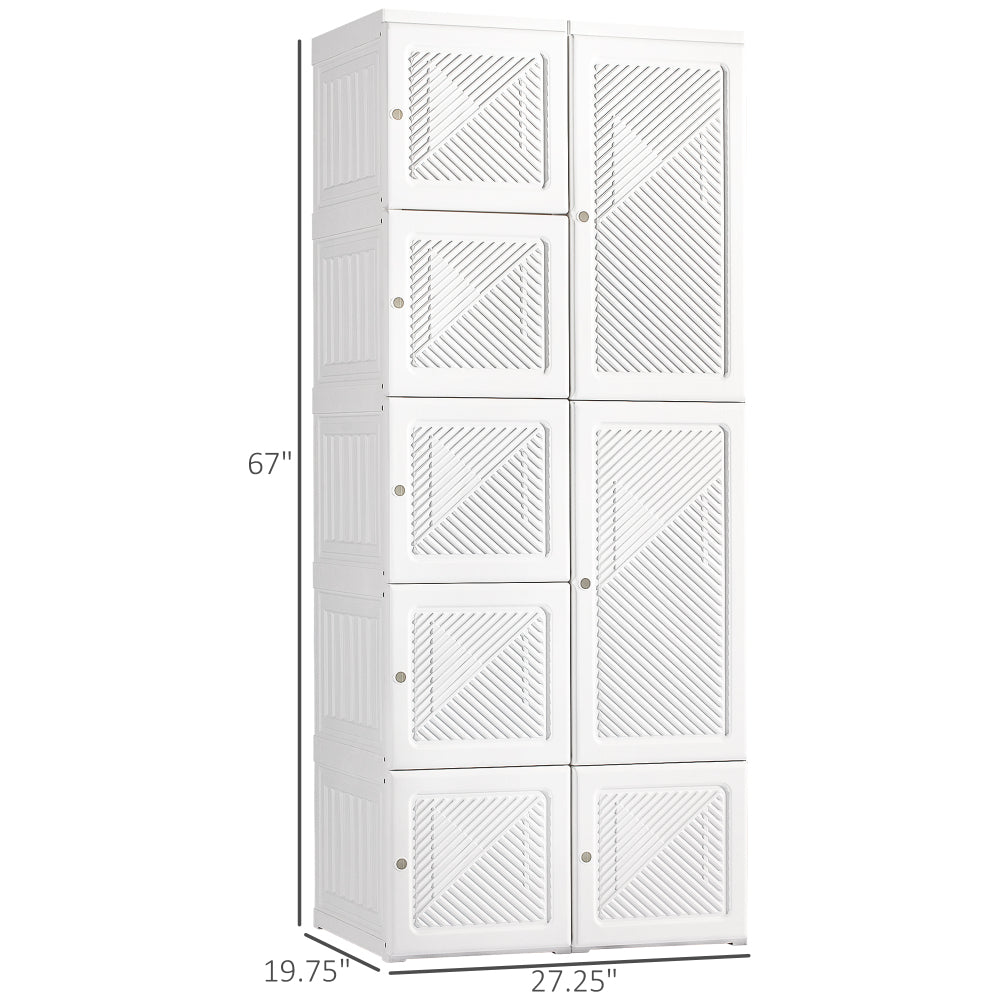 HOMCOM Portable Wardrobe Closet, Folding Bedroom Armoire, Clothes Storage Organizer with 8 Cube Compartments, Hanging Rod, Magnet Doors, White
