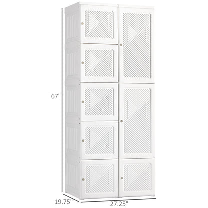 HOMCOM Portable Wardrobe Closet, Folding Bedroom Armoire, Clothes Storage Organizer with 8 Cube Compartments, Hanging Rod, Magnet Doors, White