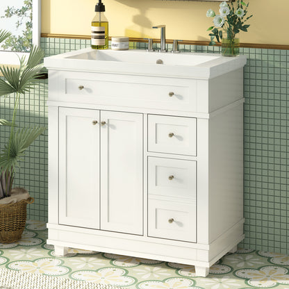 30" Bathroom Vanity Cabinet with Sink Combo Set, Undermount Resin Sink, Free Standing Vanity Set with 2 Drawers& Soft Closing Doors, Solid Wood Frame Bathroom Cabinet, White (Same as SW000132AAK)