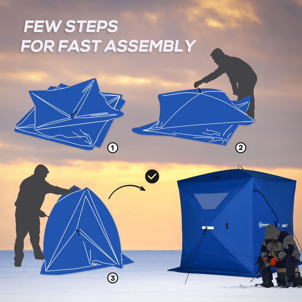Outsunny 2-4 People Ice Fishing Shelter, Pop-Up Portable Ice Fishing Tent with Carry Bag, Two Doors, Windows and Vents, Ice Shanty for Winter Fishing, Blue