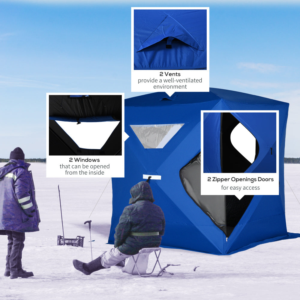 Outsunny 2-4 People Ice Fishing Shelter, Pop-Up Portable Ice Fishing Tent with Carry Bag, Two Doors, Windows and Vents, Ice Shanty for Winter Fishing, Blue