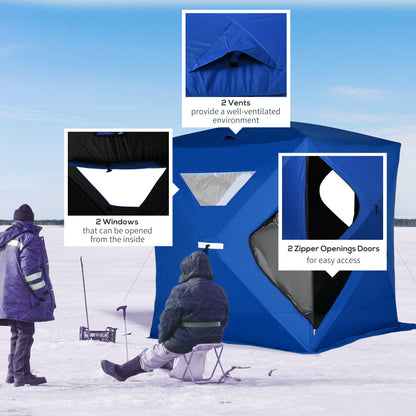 Outsunny 2-4 People Ice Fishing Shelter, Pop-Up Portable Ice Fishing Tent with Carry Bag, Two Doors, Windows and Vents, Ice Shanty for Winter Fishing, Blue