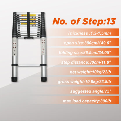 Telescoping Ladder 12.5FT, Telescopic Extension Ladder, Aluminum Alloy Folding Ladder Portable Multi-Purpose for Indoor Outdoor Work, Heavy Duty 300 lbs Load
