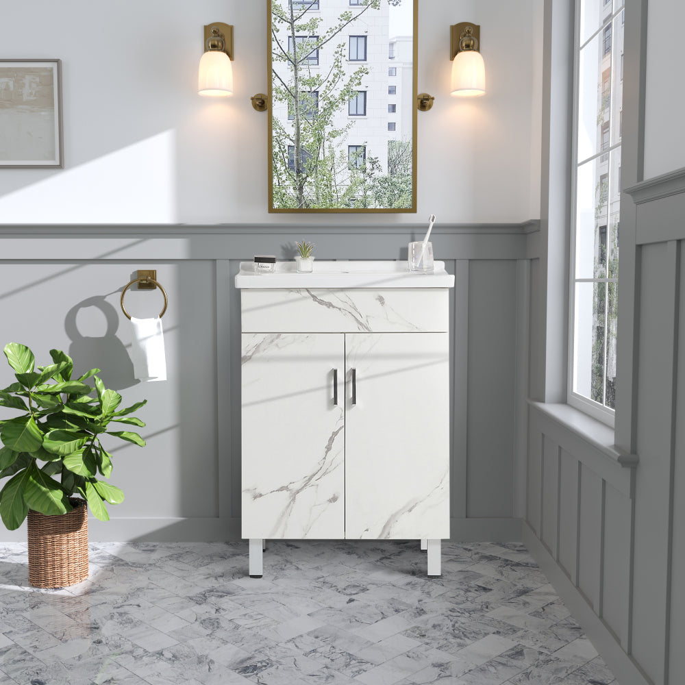 24-inch marble-textured bathroom cabinet with ceramic sink