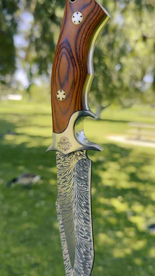 TerrainX Fixed Blade Knife with Etched Damascus-Style Pattern and Leather Sheath