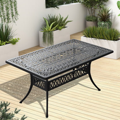 L58.27*W34.65-inch Cast Aluminum Patio Dining Table With Black Frame and Umbrella Hole
