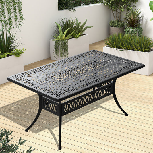 L58.27*W34.65-inch Cast Aluminum Patio Dining Table With Black Frame and Umbrella Hole
