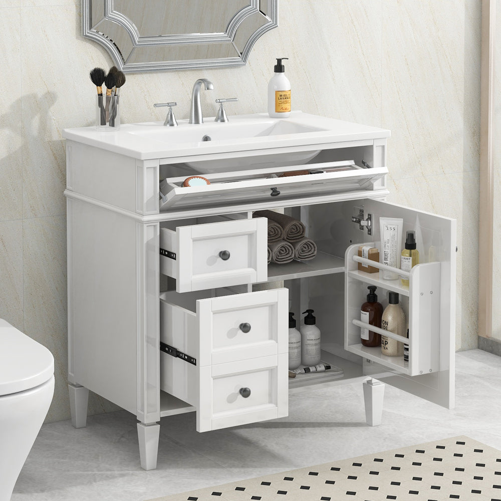 30'' Bathroom Vanity with Top Sink, Modern Bathroom Storage Cabinet with 2 Drawers and a Tip-out Drawer,  Freestanding Vanity Set with Mirror Cabinet, Single Sink Bathroom Vanity