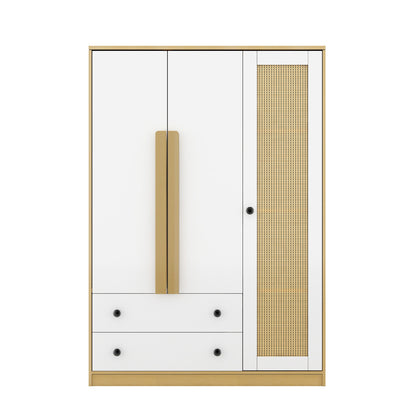 3-Doors Wooden Rattan Wardrobe Storage for Bedroom,with 2 Drawers,White+Nature