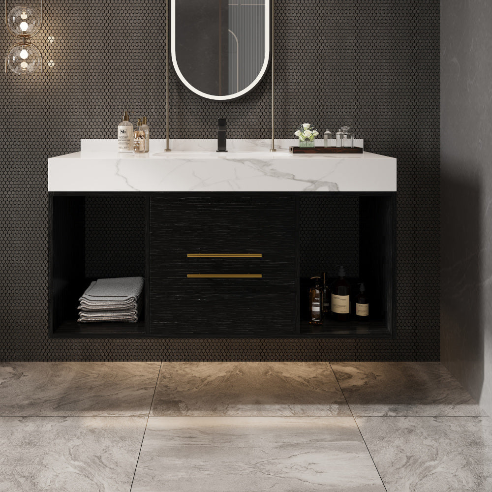 39.4" Bathroom Vanities with Ceramic Sink,Floating Bathroom Vanity,Wall Mounted Storage Cabinet with 2 Drawers and 2 Storage Spaces,Modern Bathroom Sink Cabinet with Metal Handles