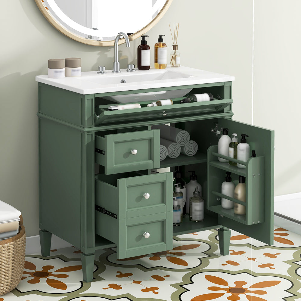 30'' Bathroom Vanity with Top Sink, Modern Bathroom Storage Cabinet with 2 Drawers and a Tip-out Drawer,  Freestanding Vanity Set with Mirror Cabinet, Single Sink Bathroom Vanity
