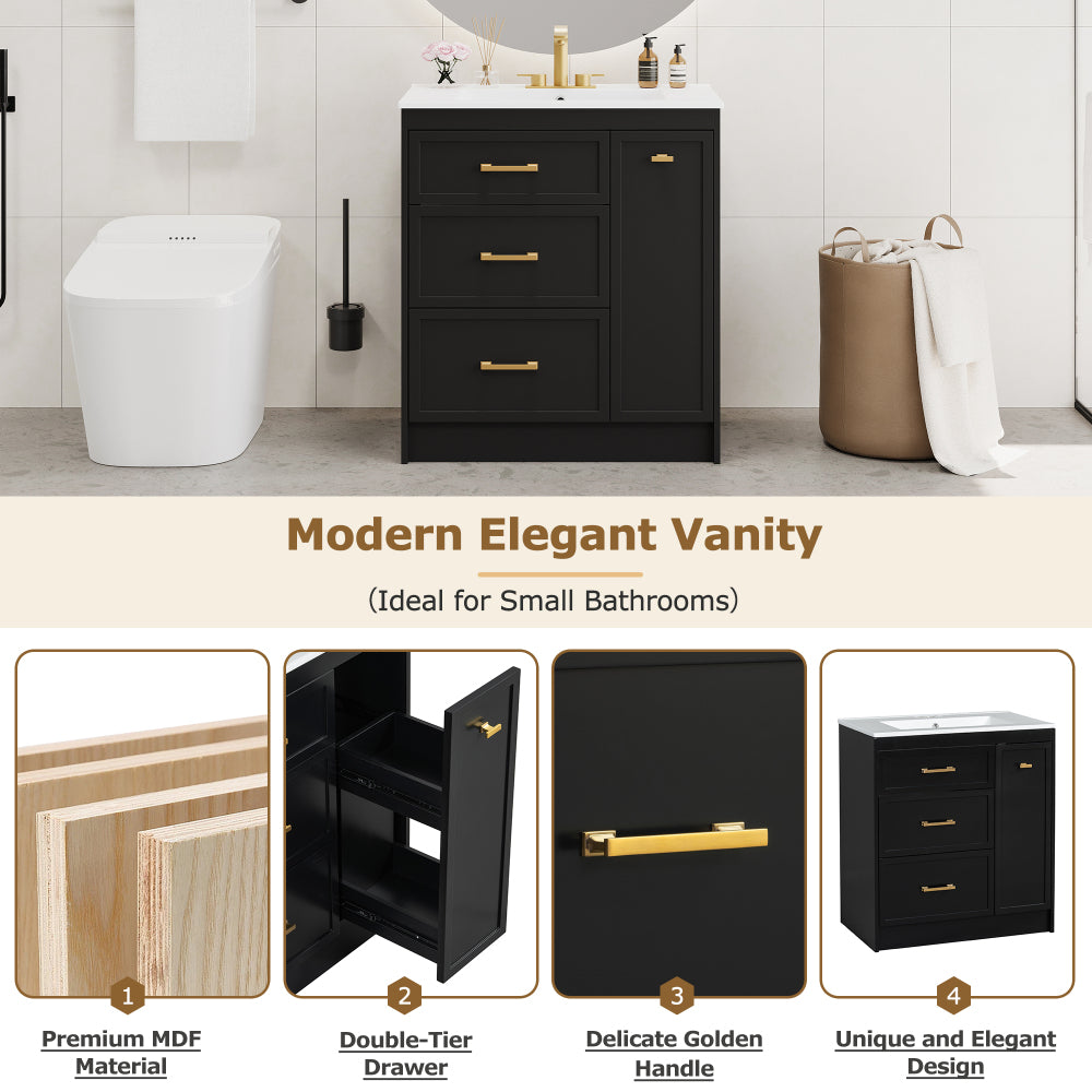 Classic 30" Black Bathroom Vanity Set, Floor Standing, with Three Drawers, One of Which is a Double-Layer Drawer, with Long Gold Handles - Perfect for Small Bathrooms
