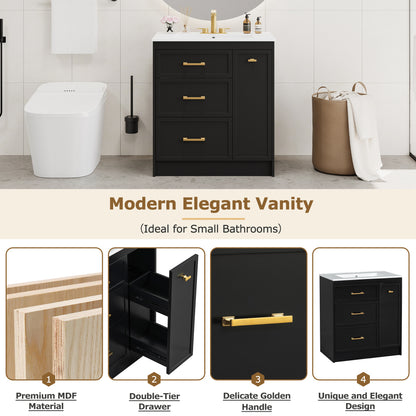 Classic 30" Black Bathroom Vanity Set, Floor Standing, with Three Drawers, One of Which is a Double-Layer Drawer, with Long Gold Handles - Perfect for Small Bathrooms