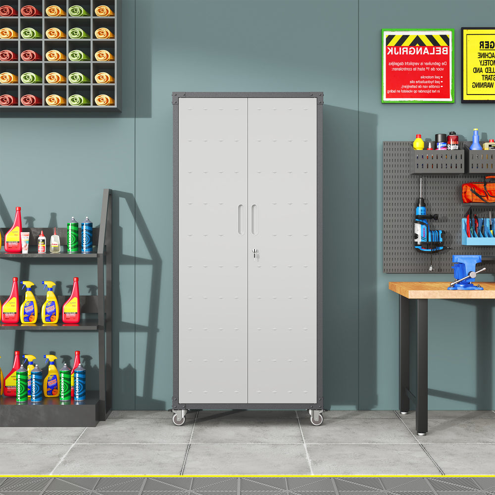 71" Metal Garage Storage Cabinet with Wheels - Heavy-Duty Tool Storage Cabinet for Home, Office, School, and Garage Organization, Black/Gray