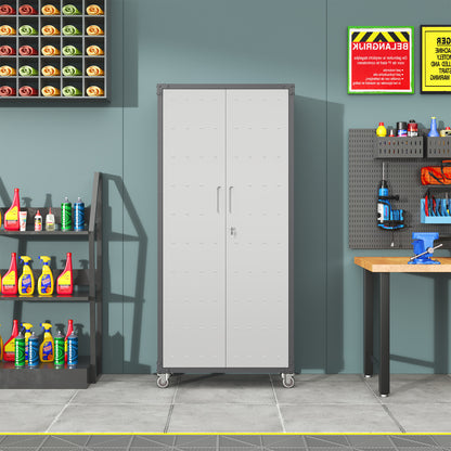 71" Metal Garage Storage Cabinet with Wheels - Heavy-Duty Tool Storage Cabinet for Home, Office, School, and Garage Organization, Black/Gray