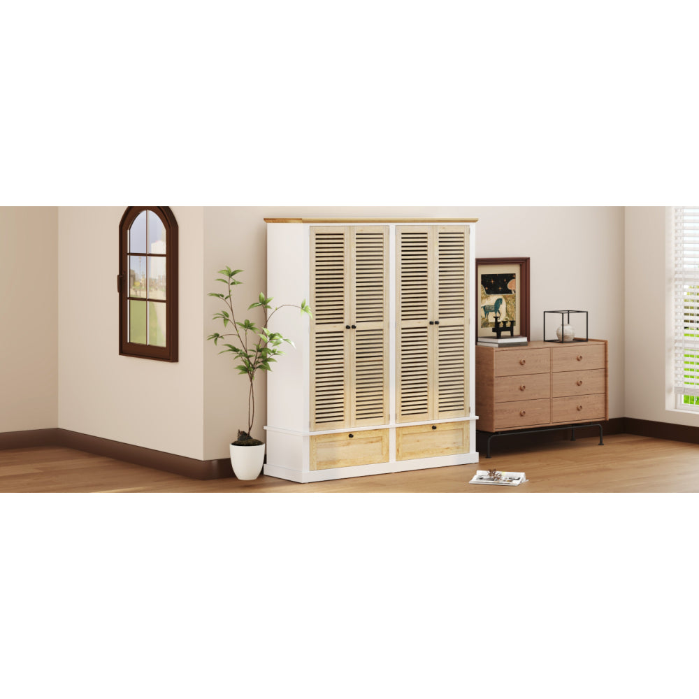 4 Shutter Door Wardrobe Armoire Closet with 2 Drawers, Natural+White