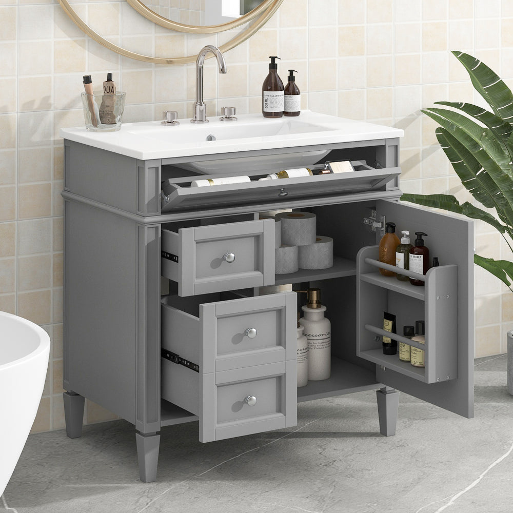 30'' Bathroom Vanity with Top Sink, Modern Bathroom Storage Cabinet with 2 Drawers and a Tip-out Drawer,  Freestanding Vanity Set with Mirror Cabinet, Single Sink Bathroom Vanity