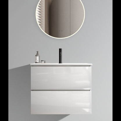 Wall Mount 24" Walnut Bathroom Vanity with Ceramic Sink with three faucet holes, Large Storage Floating Bathroom Vanity for Modern Bathroom, One-Piece Sink Basin without Drain, Pre-assembled