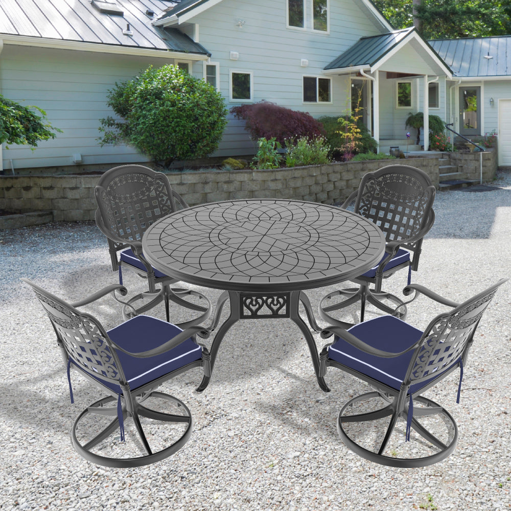Ø47.24-inch Cast Aluminum Patio Dining Table With Black Frame and Carved Texture on the Tabletop