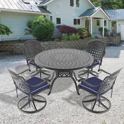 Ø47.24-inch Cast Aluminum Patio Dining Table With Black Frame and Carved Texture on the Tabletop