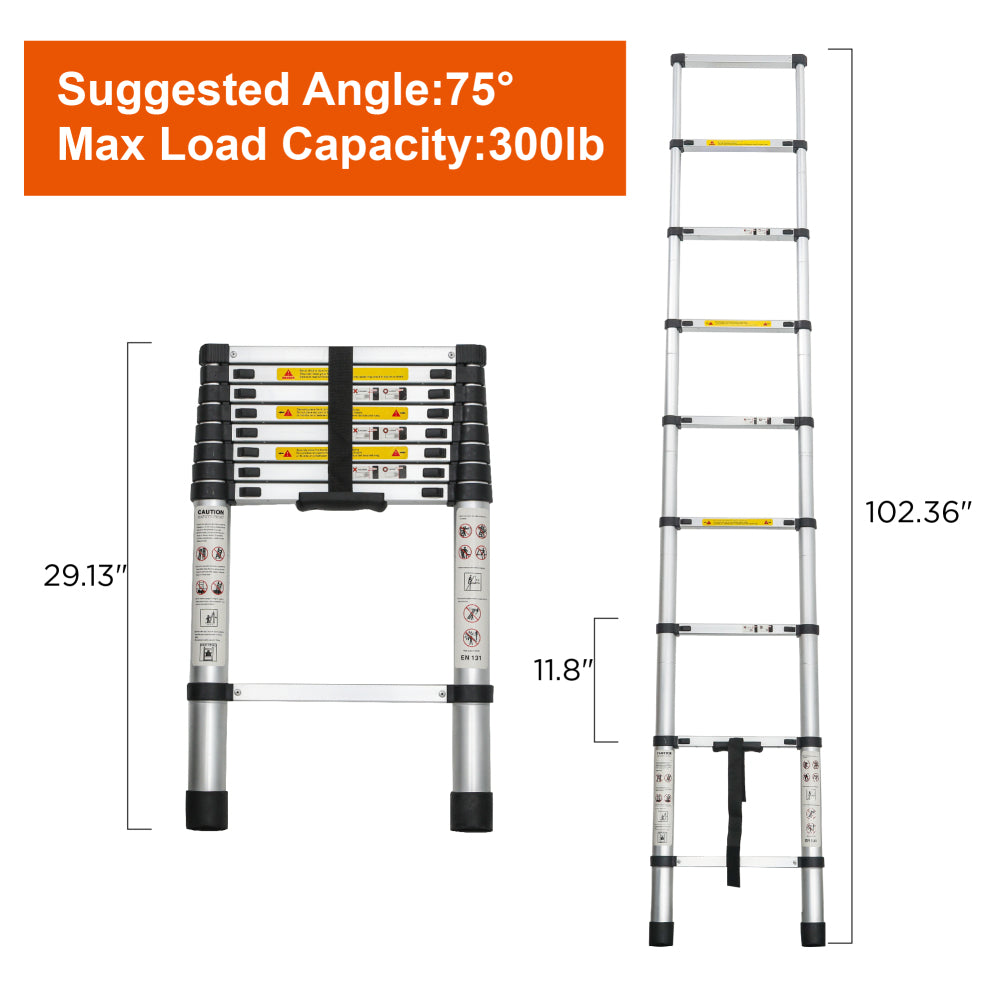 Telescoping Ladder 8.5FT, Telescopic Extension Ladder, Aluminum Alloy Folding Ladder Portable Multi-Purpose for Indoor Outdoor Work, Heavy Duty 300 lbs Load