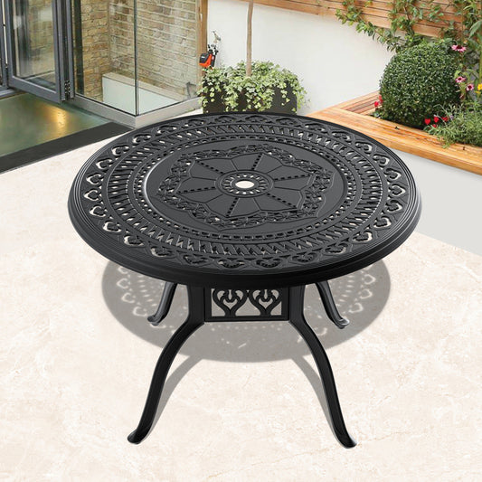Ø39.37-inch Cast Aluminum Patio Dining Table With Black Frame and Umbrella Hole