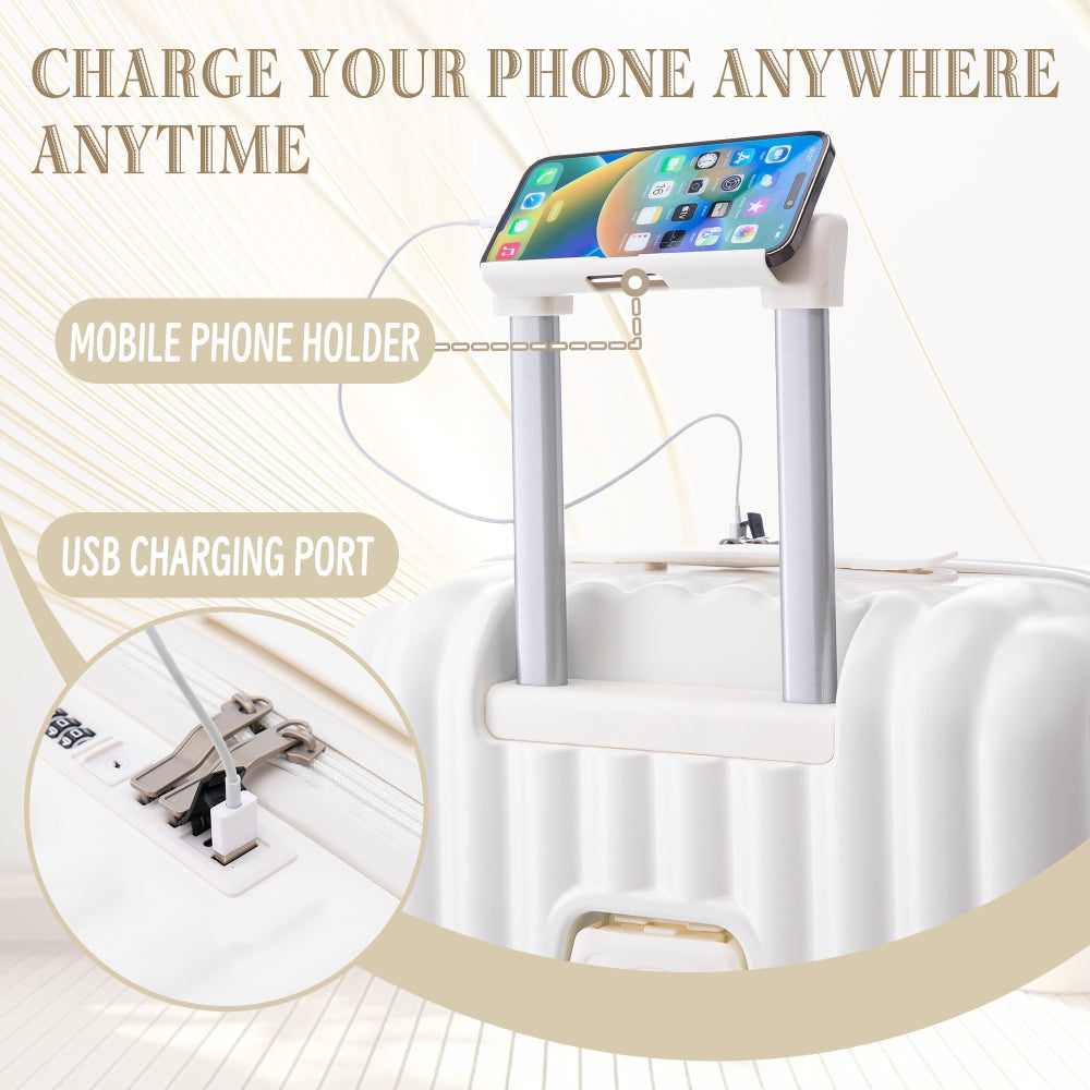 ABS Spinner Wheel Luggage, Carry on Suitcase, with Cup Holder & USB Port & Phone Holder (20/24/28)