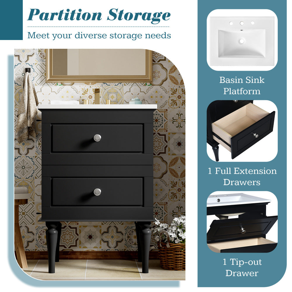 24'' Bathroom Vanity Cabinet with Ceramic Sink Combo Set, Solid Wood Frame Modern Bathroom Storage Cabinet with 2 Drawers, Black