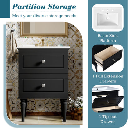 24'' Bathroom Vanity Cabinet with Ceramic Sink Combo Set, Solid Wood Frame Modern Bathroom Storage Cabinet with 2 Drawers, Black