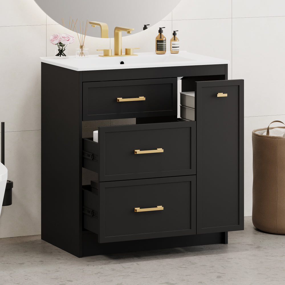 Classic 30" Black Bathroom Vanity Set, Floor Standing, with Three Drawers, One of Which is a Double-Layer Drawer, with Long Gold Handles - Perfect for Small Bathrooms