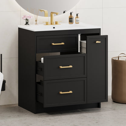 Classic 30" Black Bathroom Vanity Set, Floor Standing, with Three Drawers, One of Which is a Double-Layer Drawer, with Long Gold Handles - Perfect for Small Bathrooms