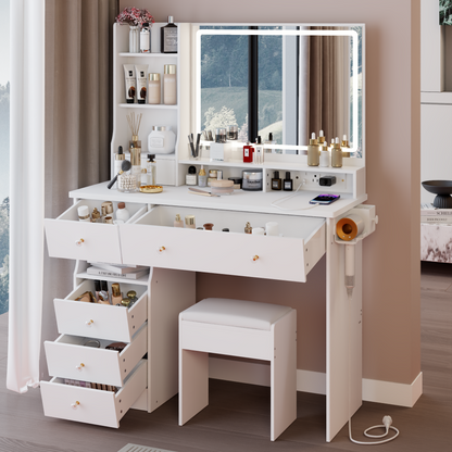 41" Large Size Left Drawer Desktop Vanity Table+Cushioned Stool Dresser Set, 2 AC+2 USB Power Station, Hair Dryer Stand, Extra Large Touch Control LED Mirror, 3-color Switch, EPA, GCC, UL Certificate