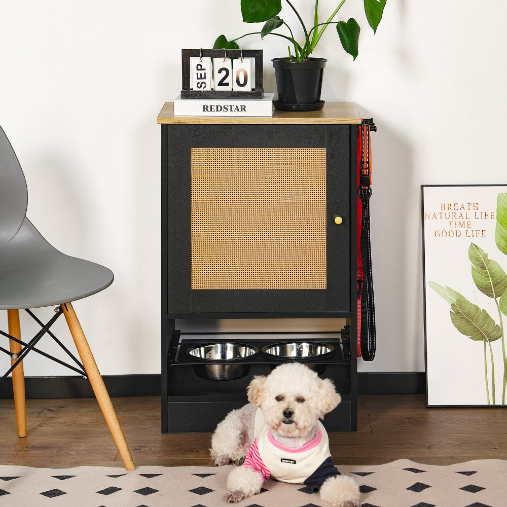 Feeding Station with 1 Storage Cabinets, Pet Feeding Station with 2 Elevated Dog Bowls, Side Hooks, Anti-tip Kit, Hidden Pet Feeder Station for Feeding & Watering, Black