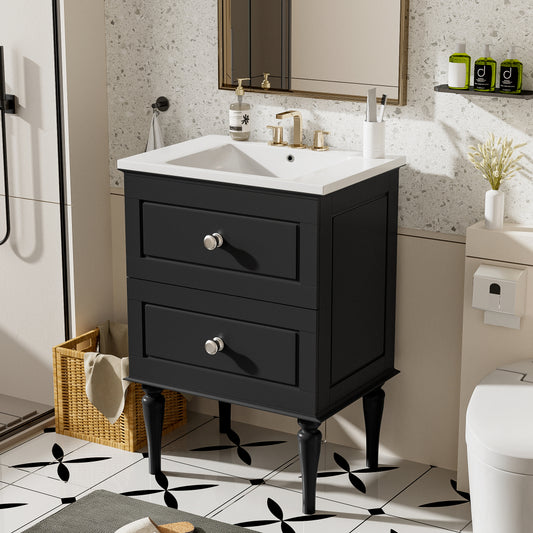 24'' Bathroom Vanity Cabinet with Ceramic Sink Combo Set, Solid Wood Frame Modern Bathroom Storage Cabinet with 2 Drawers, Black