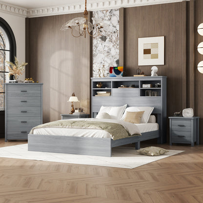 4-Pieces Bedroom Sets Queen Size Vintage Wooden Bed Frame with 2 Nightstands and 1 Dresser, White