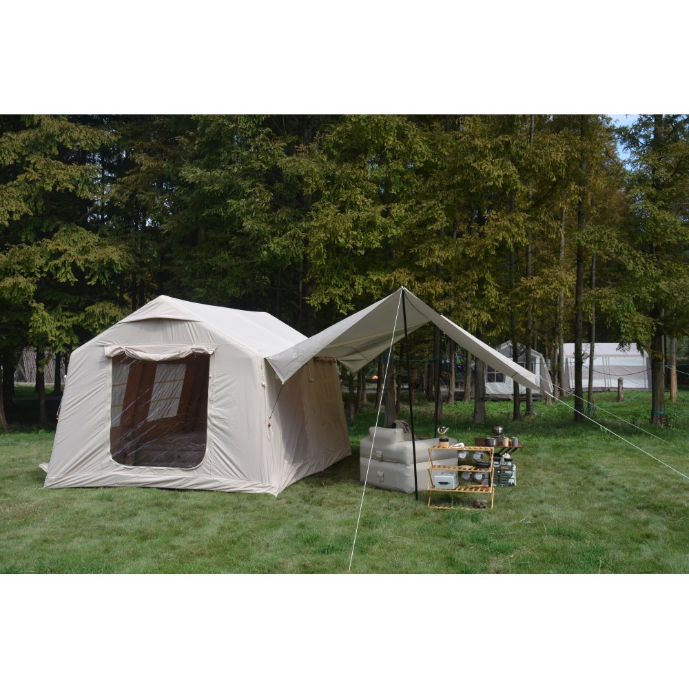 9.8 x13ft with canopy, Inflatable Camping Tents with Hand Pump, Air Glamping Tents,  Easy Setup Waterproof and Windproof Blow up Tent  Beige
