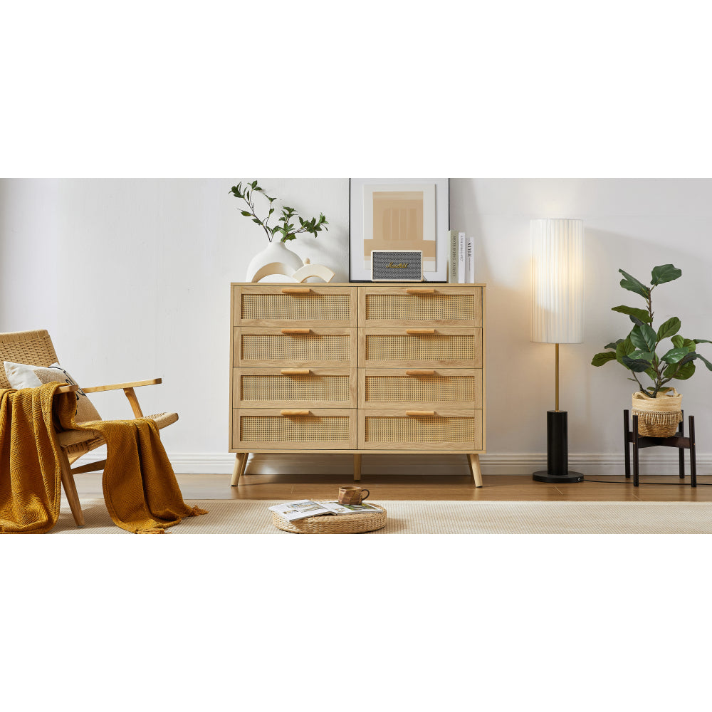 Bedroom dresser, 8 Double Dresser with rattan drawers, wood chest of drawers for kids room, living room, entry and hallway, Natural, 47.2''W x 15.8''D x 37.4''H.