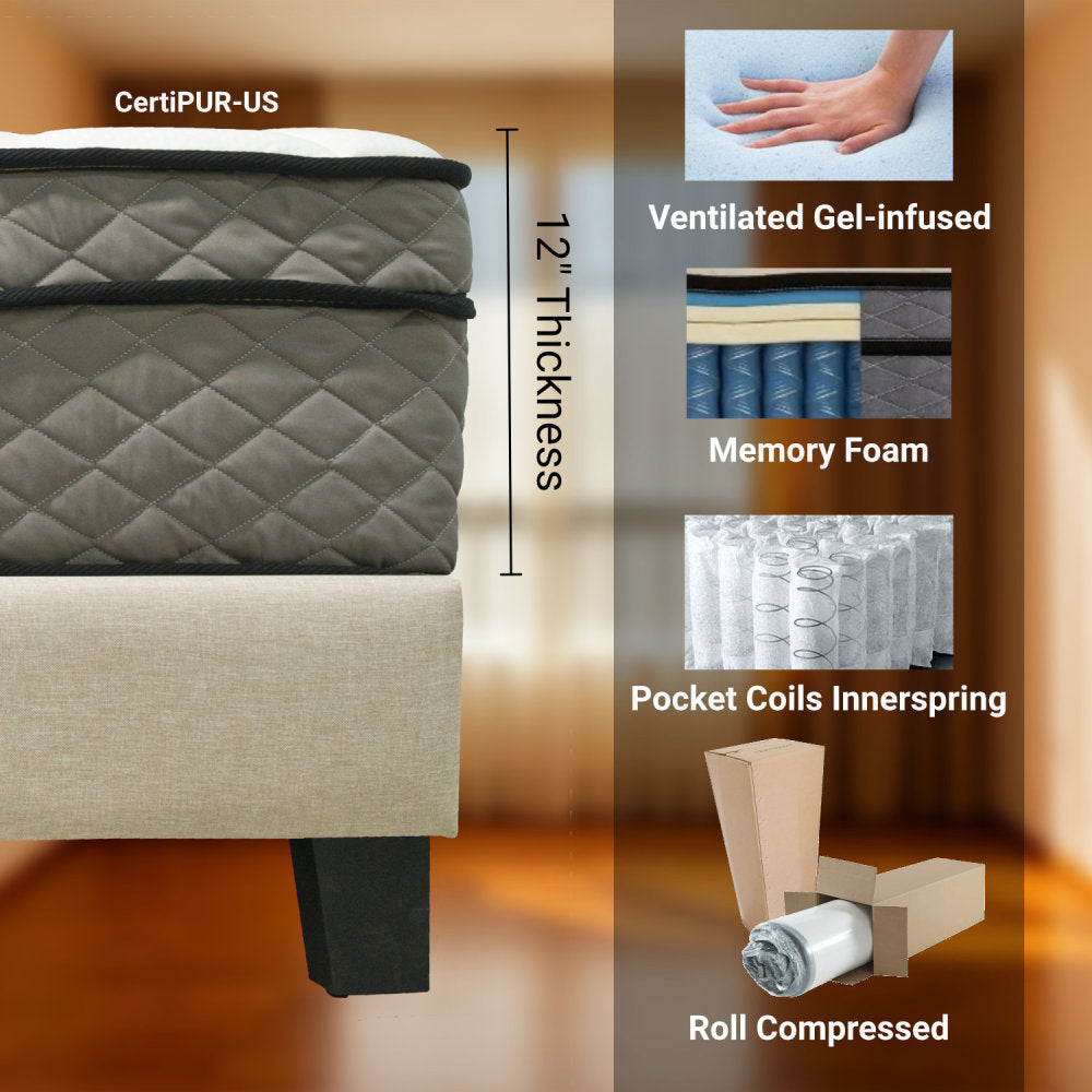 Made in USA - 12" Full Euro Top Pocket Coil and Cooling Gel Memory Foam Highly Breathable Quilted Cover Hybrid Mattress, Pressure Relief, and Motion Isolation, CertiPUR-US in a Box