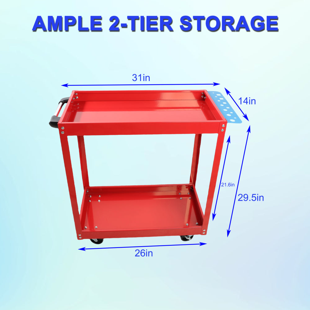 Tool Cart on Wheels,  Heavy Duty Steel Utility Cart w/Lockable Wheels, 400 LBS Capacity Industrial Service Cart for Garage, Warehouse, Workshop (Two-layer Bright Red)