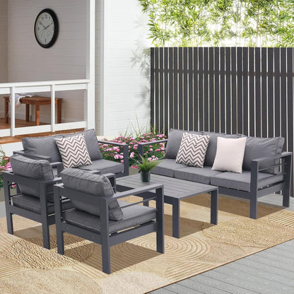 4-piece Aluminum Outdoor Patio Conversation Set,All-Weather Sectional Sofa Outside Furniture with  Removable Cushions and Tempered Glass Coffee Table for Courtyard,Poolside,Deck,Balcony(Grey)