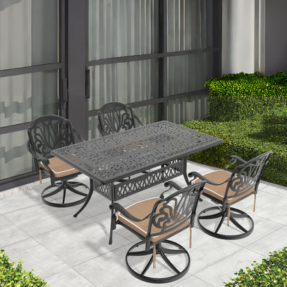 L58.27*W34.65-inch Cast Aluminum Patio Dining Table With Black Frame and Umbrella Hole