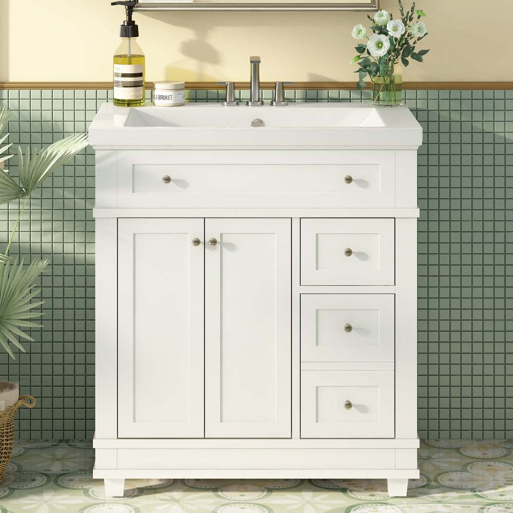 30" Bathroom Vanity Cabinet with Sink Combo Set, Undermount Resin Sink, Free Standing Vanity Set with 2 Drawers& Soft Closing Doors, Solid Wood Frame Bathroom Cabinet, White (Same as SW000132AAK)