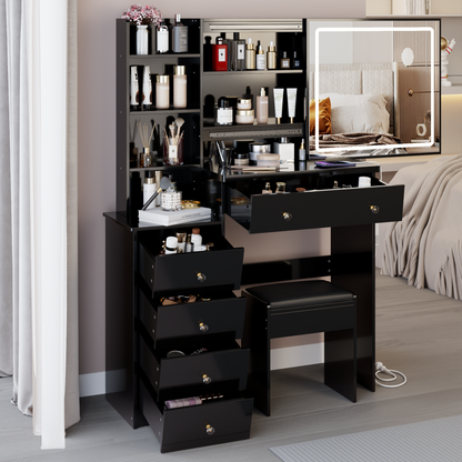 37" Middle Size Left Bedside Cabinet Vanity Table + Cushioned Stool Dresser Set, 2 AC+2 USB Socket, Hair Dryer Stand, Large Touch Control LED Sliding Mirror, 3-color Switch, EPA, GCC, UL Certificate